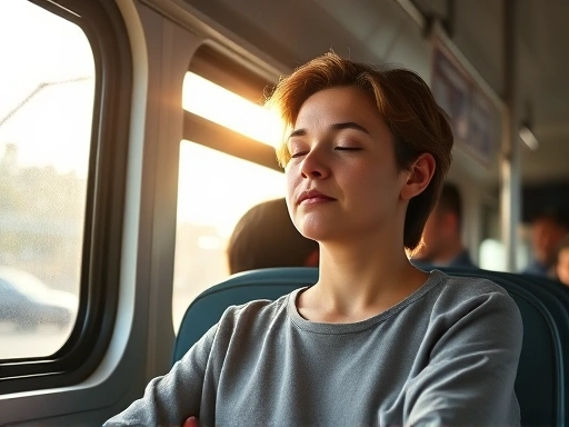 A serene person meditating on a bus, sunlight through the window, calm expression, focus on mindfulness and peace.