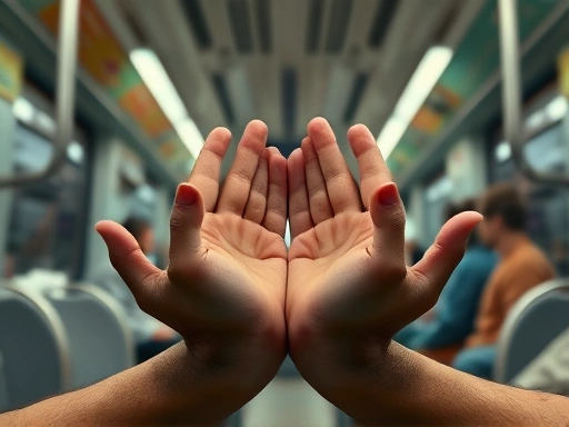 Close-up of hands in a meditative pose on public transport, soft lighting, focus on texture and tranquility, promoting relaxation.