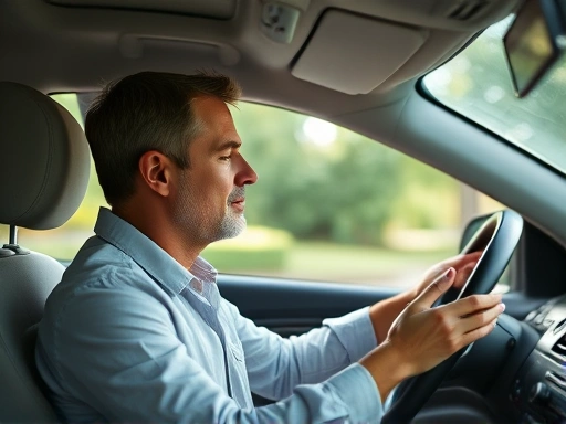 A driver meditating calmly behind the wheel, focusing on breath and safe driving practices.