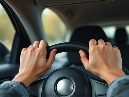 Close-up on hands gently holding the steering wheel, eyes focused on the road, symbolizing mindful driving.