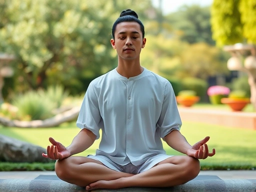 A serene individual is practicing Seon meditation in a peaceful garden setting, focusing on breath.