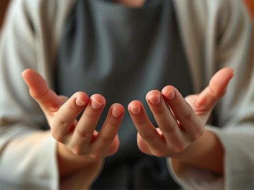 Close-up shot of hands in a meditation mudra, showcasing the stillness and focus of Seon meditation.