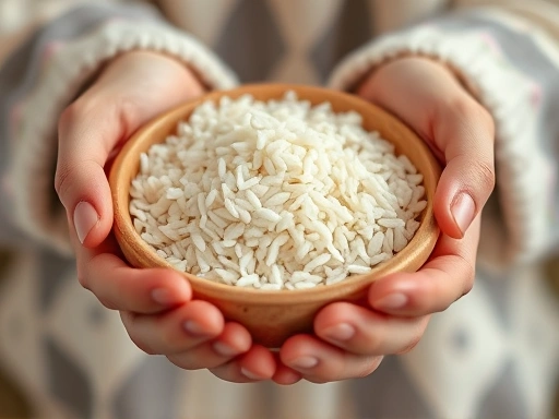 Close-up shot of hands holding a bowl of rice, emphasizing the grains and mindful eating practice.