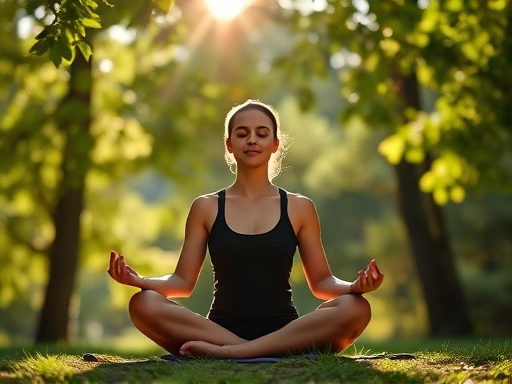 A person peacefully meditating outdoors, sunlight filtering through leaves, promoting calm and serenity.