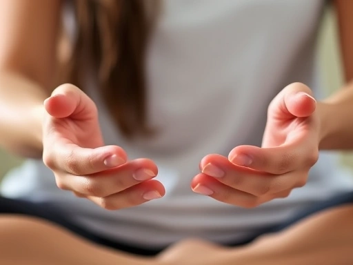 Close-up of hands gently resting in a meditative pose, emphasizing relaxation and inner peace.
