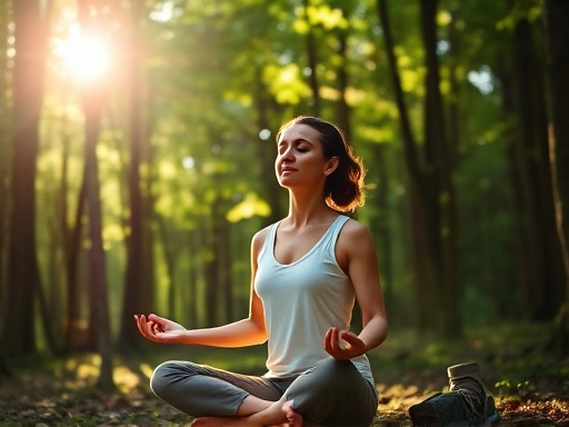 A peaceful woman meditating in a serene forest, sunlight filtering through the trees, deep breath, mindfulness.