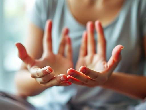Close-up of hands in a meditative pose, soft focus on the palms and fingers, tranquil scene, stress relief.