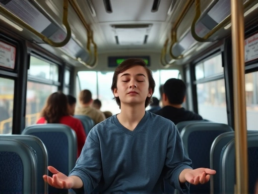 A student is meditating on the bus during the commute to school, eyes closed and focused.