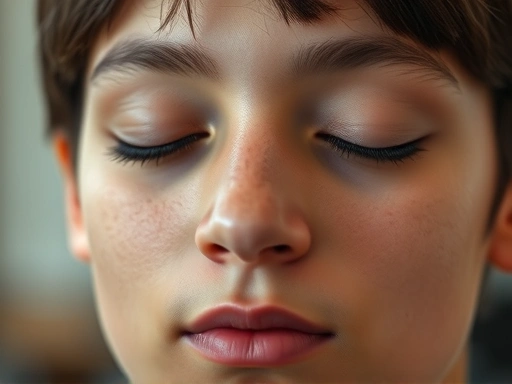 Close-up on a student's face, eyes closed, peacefully meditating with soft lighting.