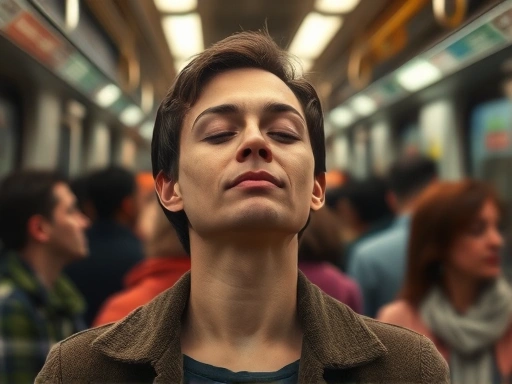 A person meditating on a crowded subway train, eyes closed, calm expression, soft lighting.