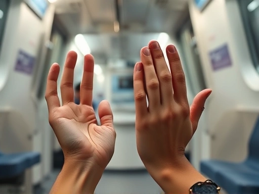 Close-up of hands in a relaxed pose, meditating on a subway train, focus on peacefulness.