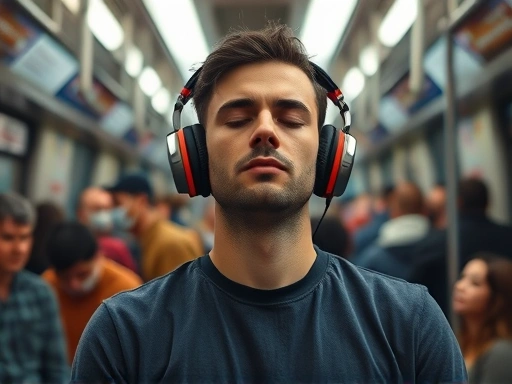 A person meditating calmly on a crowded subway train, wearing noise-canceling headphones, with soft lighting.
