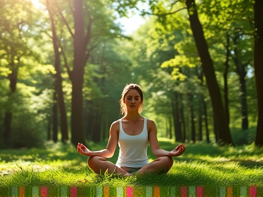 A serene person meditating in a peaceful forest, sunlight filtering through leaves, promoting mental wellness.