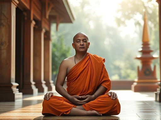 A serene monk meditating in a quiet temple, focusing on his breath and posture, natural light, SEO keywords: sun meditation, Hwatu