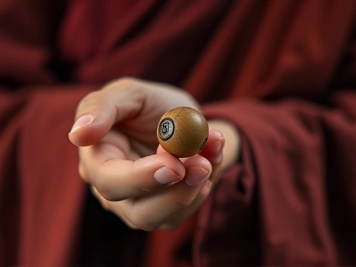 Close-up shot of a monk's hand holding a meditation bead, emphasizing the texture and detail, soft lighting, SEO keywords: KanHwaSun, meditation bead