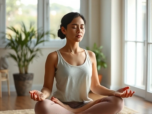 A serene person meditating indoors, focusing on breath and counting, with soft natural light.