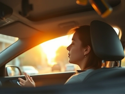 A peaceful scene of a person calmly meditating inside a car during a red traffic light, with gentle sunlight and a serene expression, focusing on mindfulness in busy urban life.