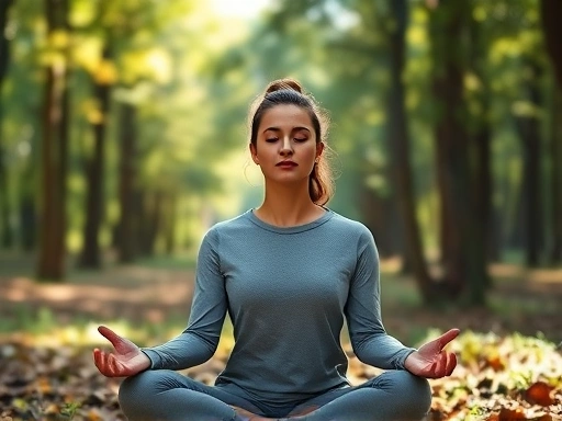 A serene person meditating in a peaceful forest, sunlight filtering through leaves, focus on calm expression and mindful posture.