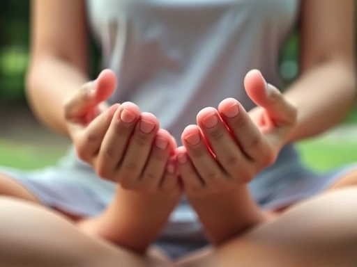 Close-up of hands gently resting in a meditative pose, soft focus, highlighting the texture and calmness, nature background blurred.