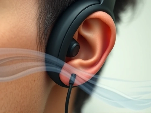 Close-up of a person's ear wearing minimalist headphones, eyes gently closed, with subtle flowing water textures overlayed, showing deep focus.