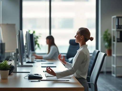 A calm office scene with a person meditating at their desk, soft lighting, focus on relaxation and mindfulness.