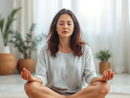 A stressed mother meditates peacefully in a quiet room with soft lighting, surrounded by calming nature elements.