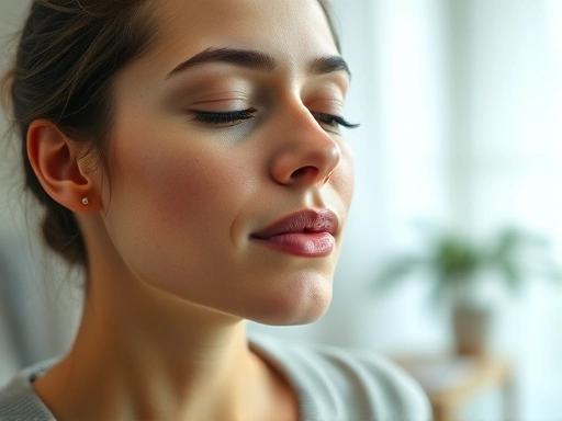 Close-up of a woman's serene face as she practices mindful breathing during a short meditation session at home.