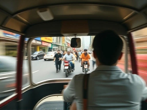 툭툭 뒷좌석에 앉은 여행객의 시선으로, 방콕의 번잡한 도로를 질주하는 풍경이 빠르게 지나간다.