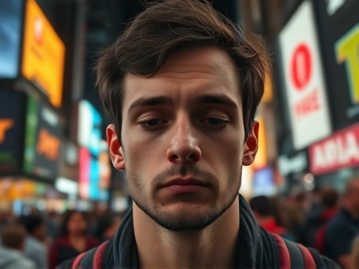 타임스퀘어 인파 속에서 한 여행자가 압도감에 휩싸여 초점 잃은 눈빛으로 주변을 응시하는 클로즈업.