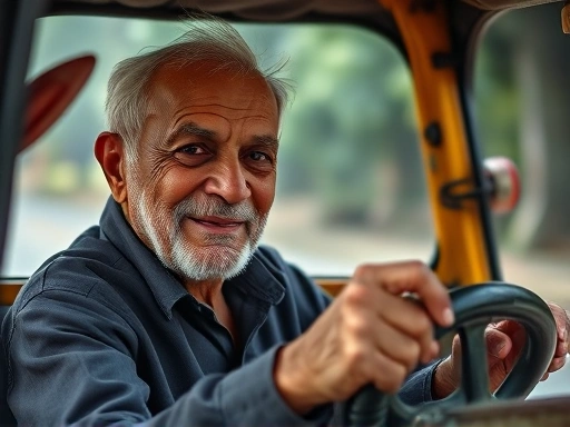낡은 오토-리키샤의 운전석에 앉아 있는 나이 든 운전자의 클로즈업.