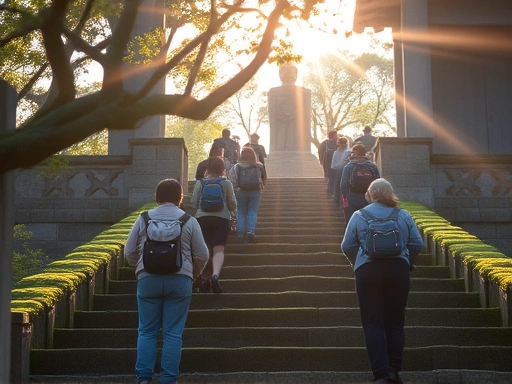 고요한 아침, 푸른 이끼가 낀 돌계단을 오르는 방문객의 뒷모습