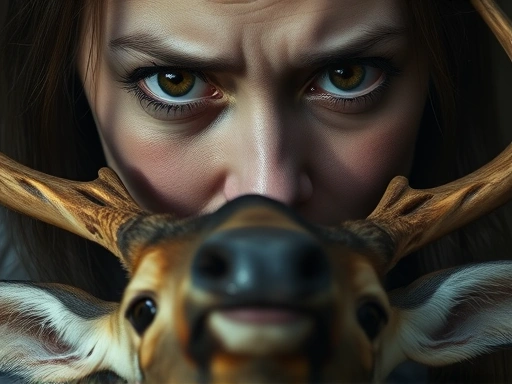 겁에 질린 표정으로 손에 든 사슴 센베이를 떨어뜨리려는 여성의 클로즈업.