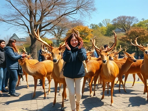 맑고 화창한 가을날, 일본 나라 공원의 고즈넉한 풍경 속에서 사슴 떼가 한 여성 관광객에게 일제히 달려들어 당황하는 순간을 보여주는 와이드 샷.