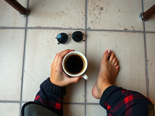 카페 바닥에 아무렇지 않게 앉아 커피를 마시는 현지인의 클로즈업 손과 발.
