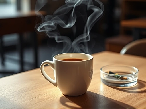 커피숍 테이블에 놓인 따뜻한 커피 한 잔과 그 옆으로 흐릿하게 보이는 궐련 형태의 마리화나와 재떨이.