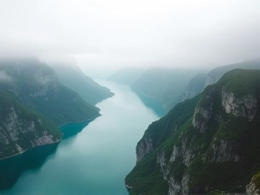 노르웨이 게이랑에르 피오르드의 플뤼달스유베르 전망대에서, 짙은 에메랄드빛 물과 수직으로 솟아오른 웅장한 암벽들이 안개 낀 하늘 아래 광활하게 펼쳐진 풍경.