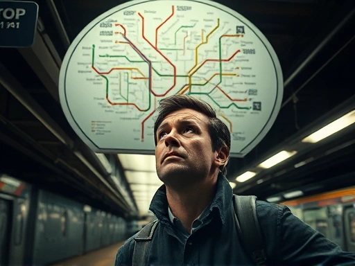 뉴욕 지하철 승강장에서 한 여행객이 복잡한 노선도를 들여다보며 혼란스러운 표정을 짓고 있다.