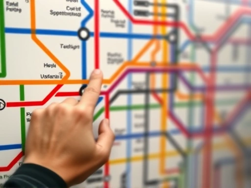 지하철 노선도의 복잡한 선과 색깔이 클로즈업된 모습