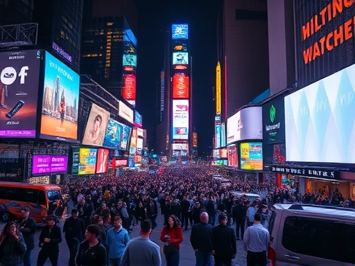 번화한 뉴욕 타임스퀘어의 밤, 거대한 LED 스크린들이 현란한 빛을 뿜어내고 수많은 인파가 복잡하게 얽혀 움직이는 모습