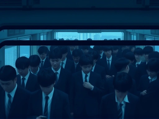 도쿄 출근길, 빽빽하게 들어선 직장인들이 검은 정장과 흰 셔츠를 입고 조용히 서 있는 모습