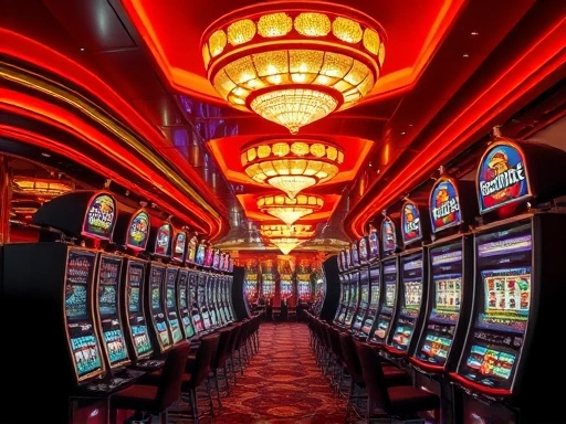 라스베이거스 카지노 내부의 화려하고 번쩍이는 슬롯머신들이 끝없이 이어지는 광경.