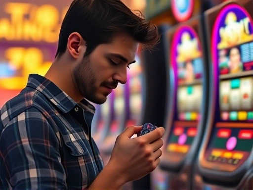 한 여행자가 슬롯머신 앞에 서서 손에 쥔 칩을 내려다보며 깊은 고민에 잠긴 모습