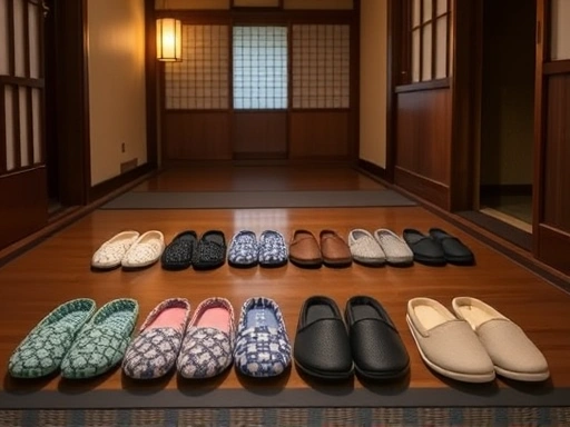 전통적인 일본 료칸의 정갈한 현관에 다양한 종류의 슬리퍼들이 가지런히 놓여 있는 모습