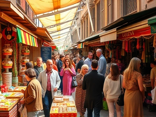 활기 넘치는 루마니아 시장, 북적이는 사람들, 알록달록한 옷차림과 상인들의 물건들이 햇살 아래 반짝이는 모습