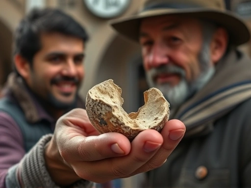 여행자의 손에 들린 깨진 도자기 조각과, 그를 바라보는 루마니아 현지 상인의 온화한 미소가 클로즈업된 장면