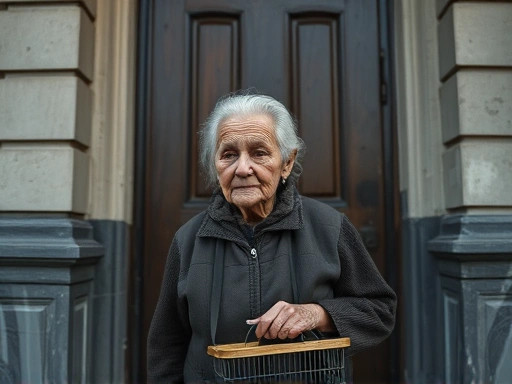 소비에트 시대 건물 문 앞에서, 삶의 흔적이 깊게 새겨진 표정의 노인이 작은 장바구니를 들고 서 있다.
