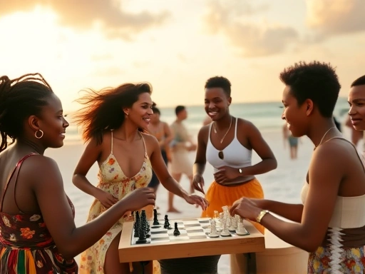 마이애미 비치에서 흥겹게 춤추는 라틴계 여성들과 그 옆에서 체스를 두는 아프리카계 청년들의 클로즈업.