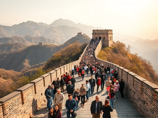 웅장한 만리장성 위, 북적이는 인파 속에서 평화로운 햇살이 쏟아지는 풍경.