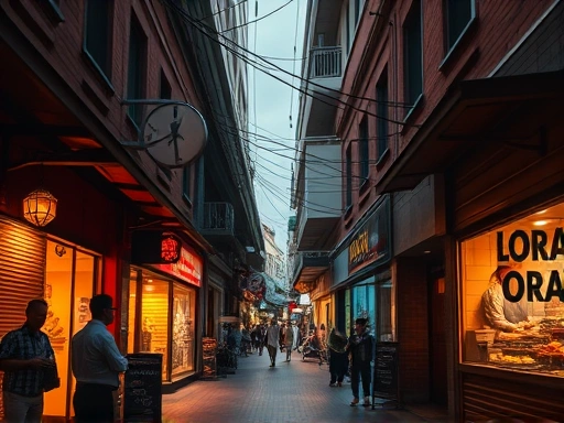 말레이시아 쿠알라룸푸르의 번화한 부킷 빈탕 아랍 스트리트에서, 오후의 햇살 아래 분주하던 상점들이 이슬람 기도 시간인 아잔 소리에 맞춰 일제히 셔터를 내리고 조용해지는 순간.