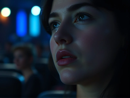 어두운 객석에 앉아 무대를 응시하는 사람의 클로즈업.